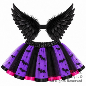 SET ALAS CON PLUMAS Y POLLERA VIOLETA CON MURCIELAGOS (9594A)